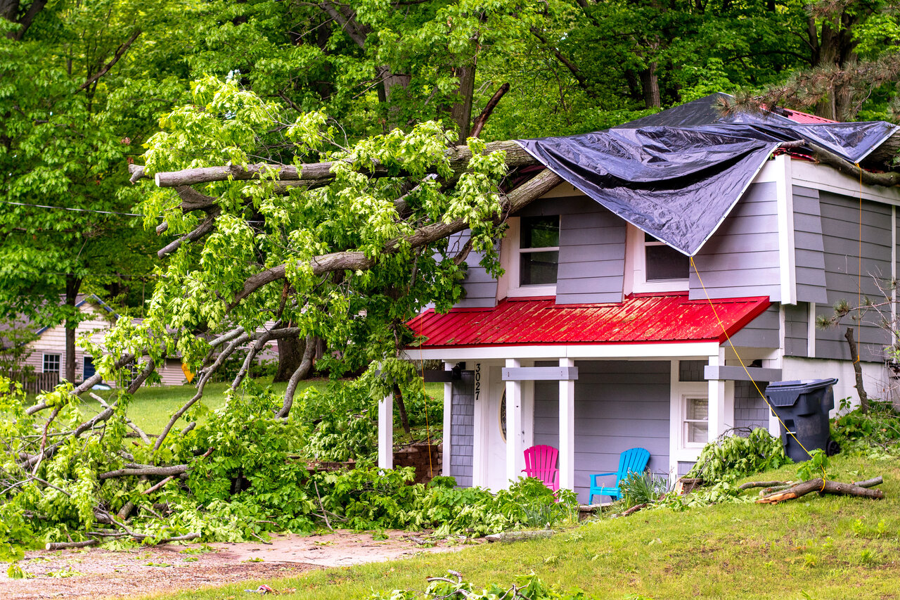 A house with a red roof and gray siding, damaged by fallen tree branches. A black tarp covers part of the roof.